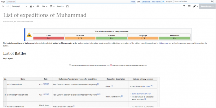 Screenshot showing the same article in VisualEditor. Unlike the source editor display, VisualEditor will show the text being edited almost as if it were already published.